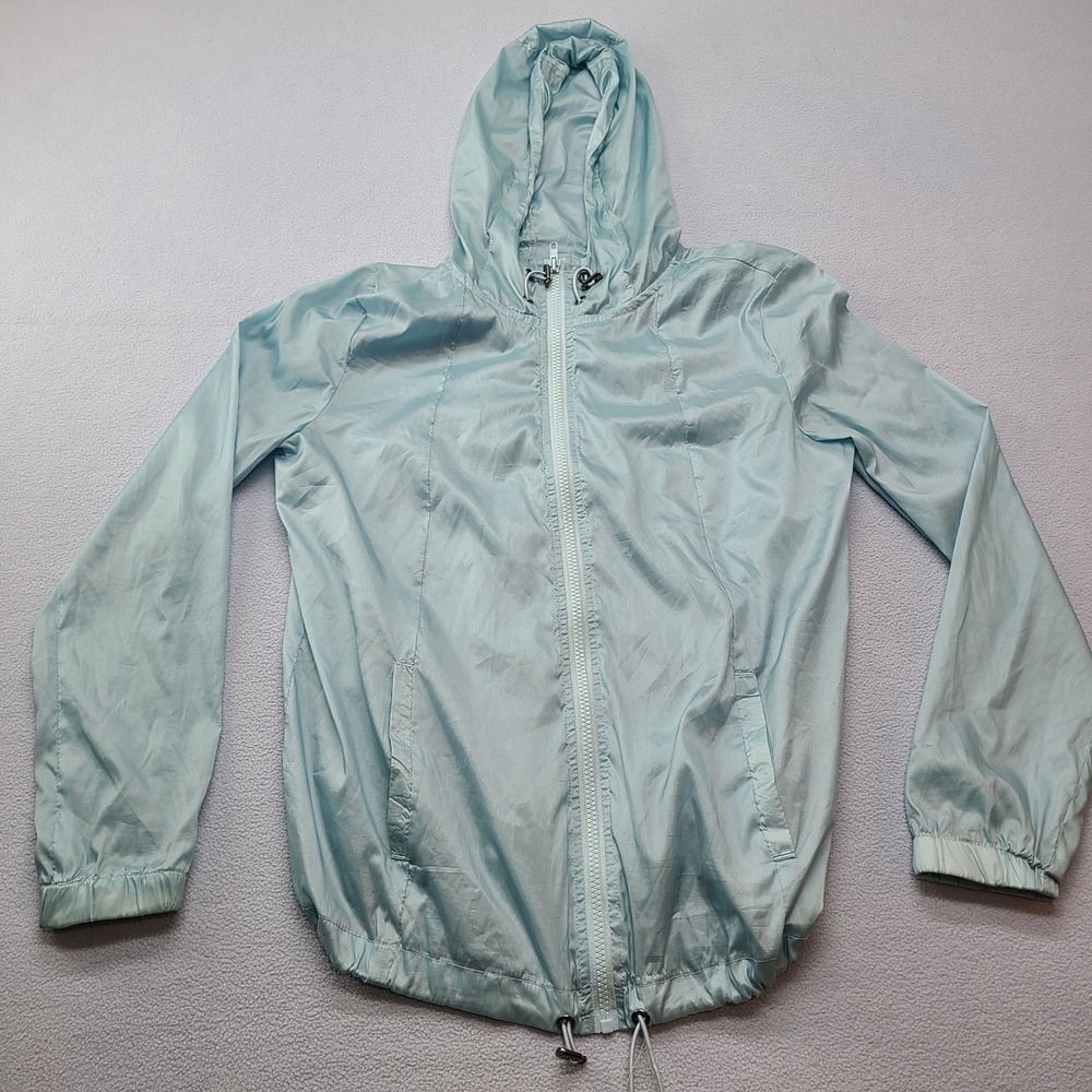 Zine Windbreaker Jacket Womens Medium Blue Excellent Lightweight Hooded Full Zip